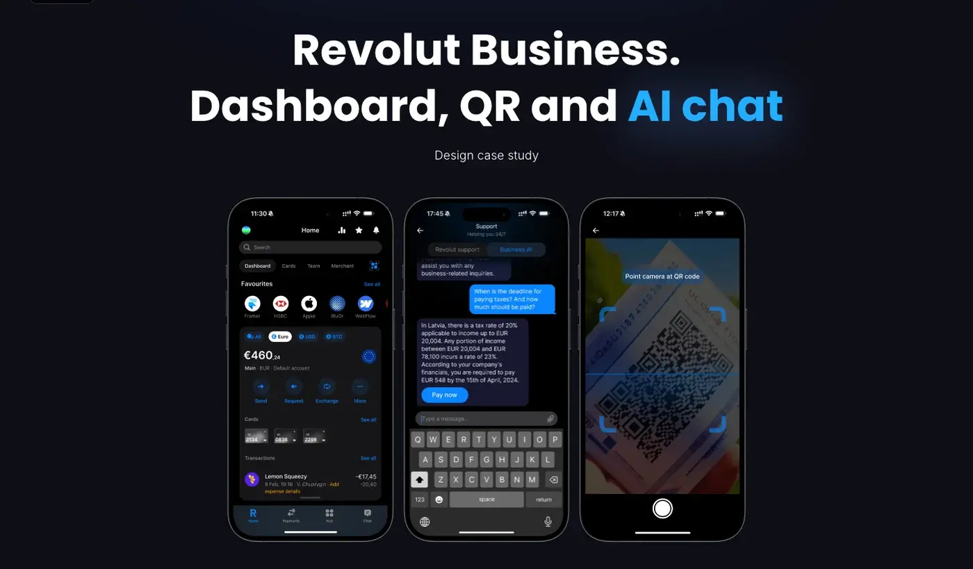 Revolut Business – Concept redesign – dashboard, QR & AI assistant